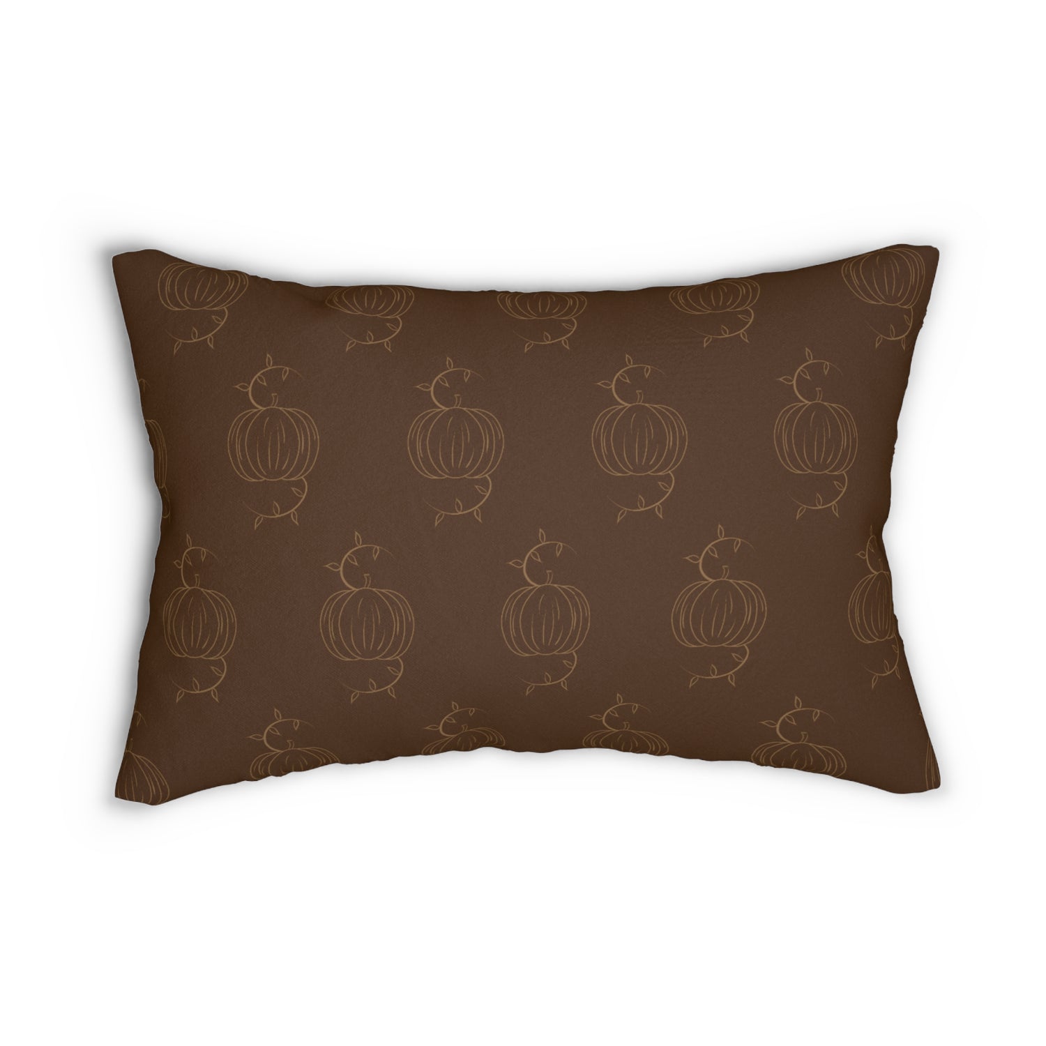 Brown lumbar pillow with tan pumpkin pattern and stitched border edges