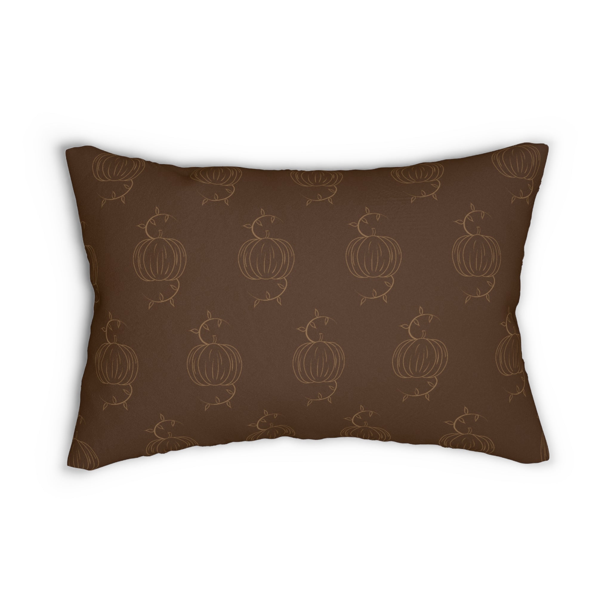 Brown lumbar pillow with tan pumpkin pattern and stitched border edges