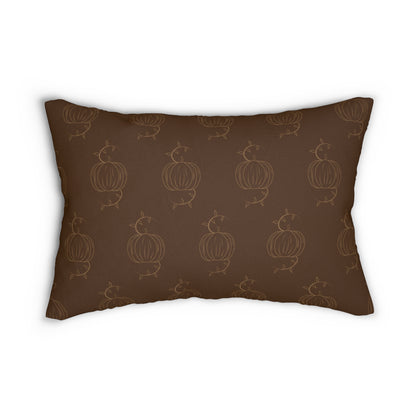 Brown lumbar pillow with tan pumpkin pattern and stitched border edges