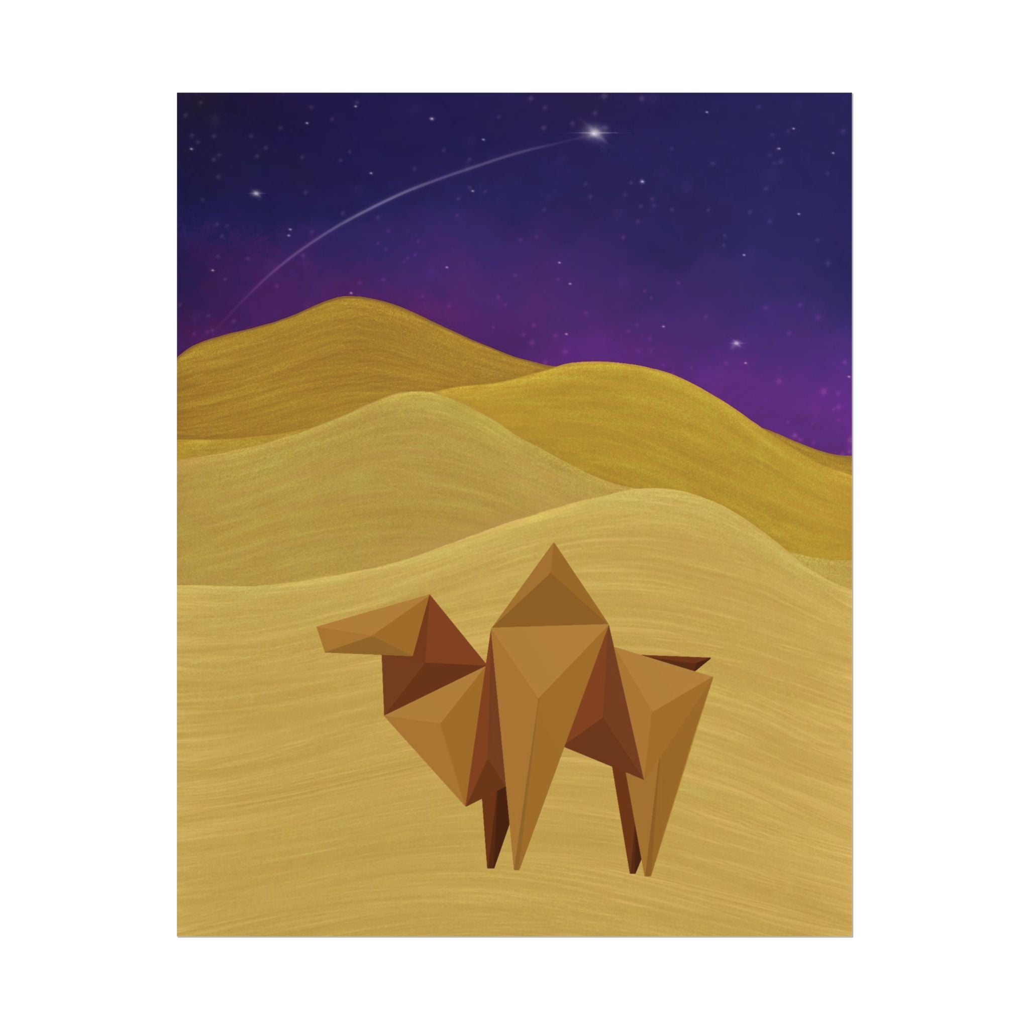 Camel origami poster print with a geometric camel on gold dunes beneath a starry purple sky
