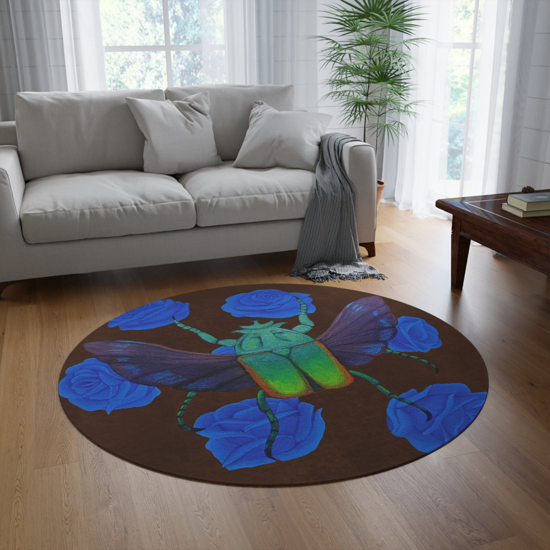Round rug with brown base, green emerald beetle and blue rose floral print