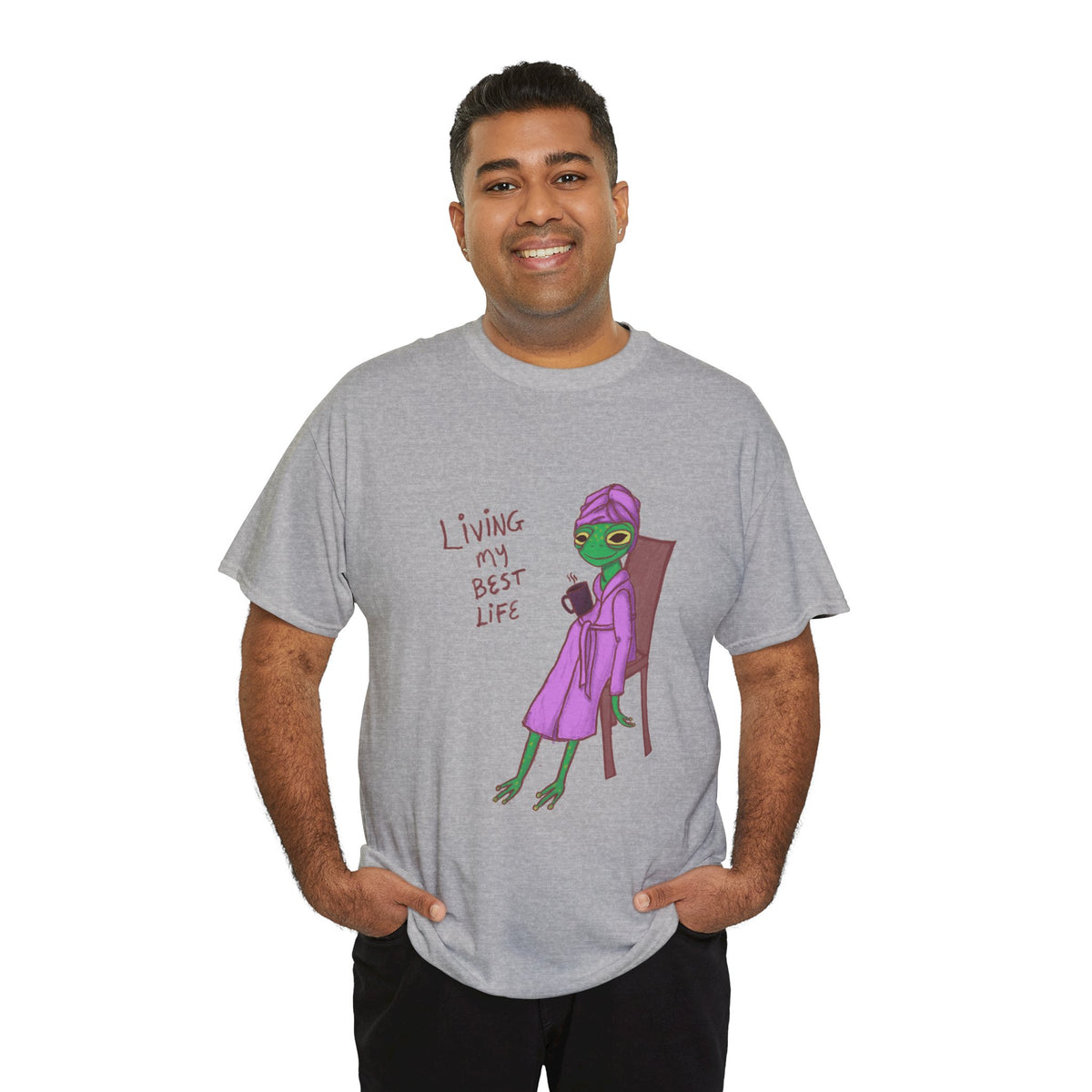Gray heather graphic crew-neck T-shirt with colorful character and “Living my Best Life”