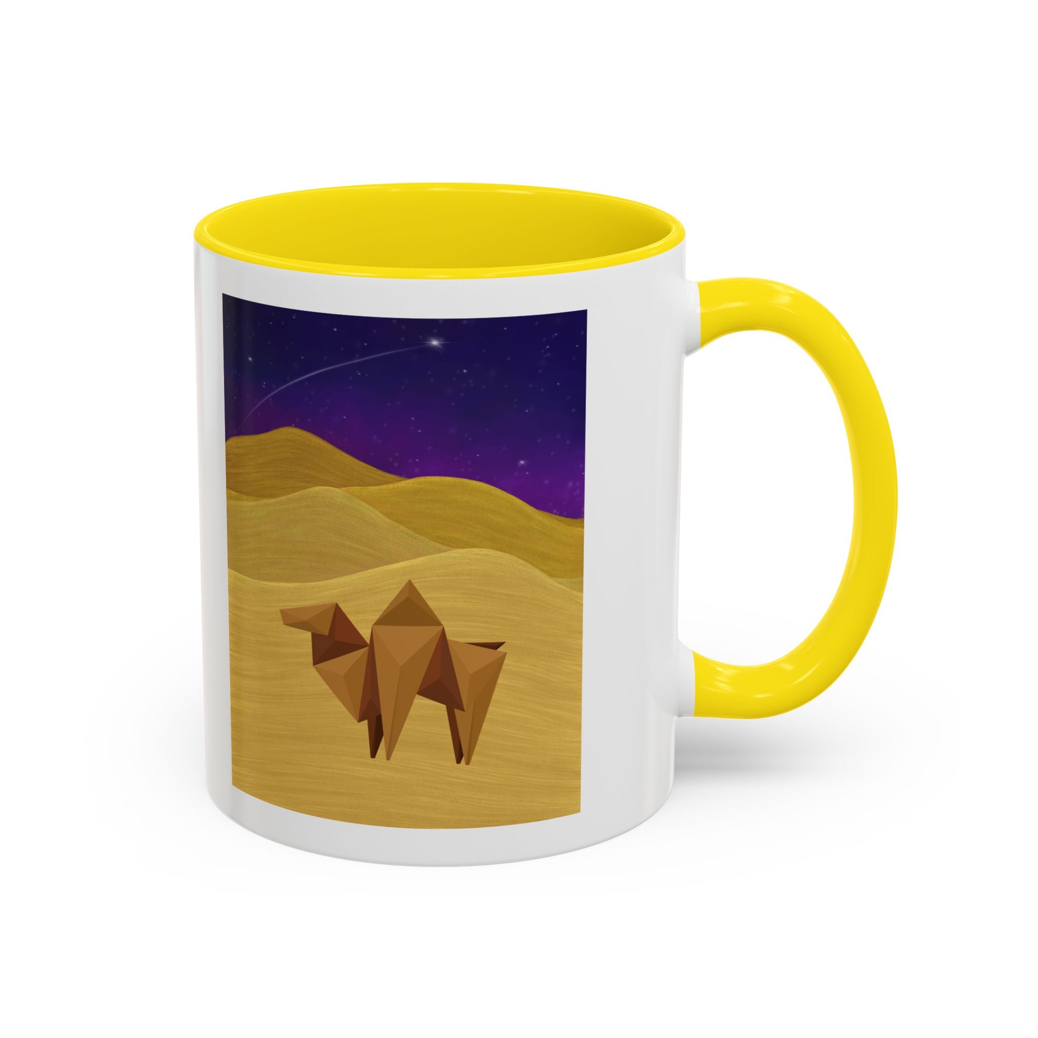Coffee mug with yellow handle and rim, white body, origami camel desert night sky print