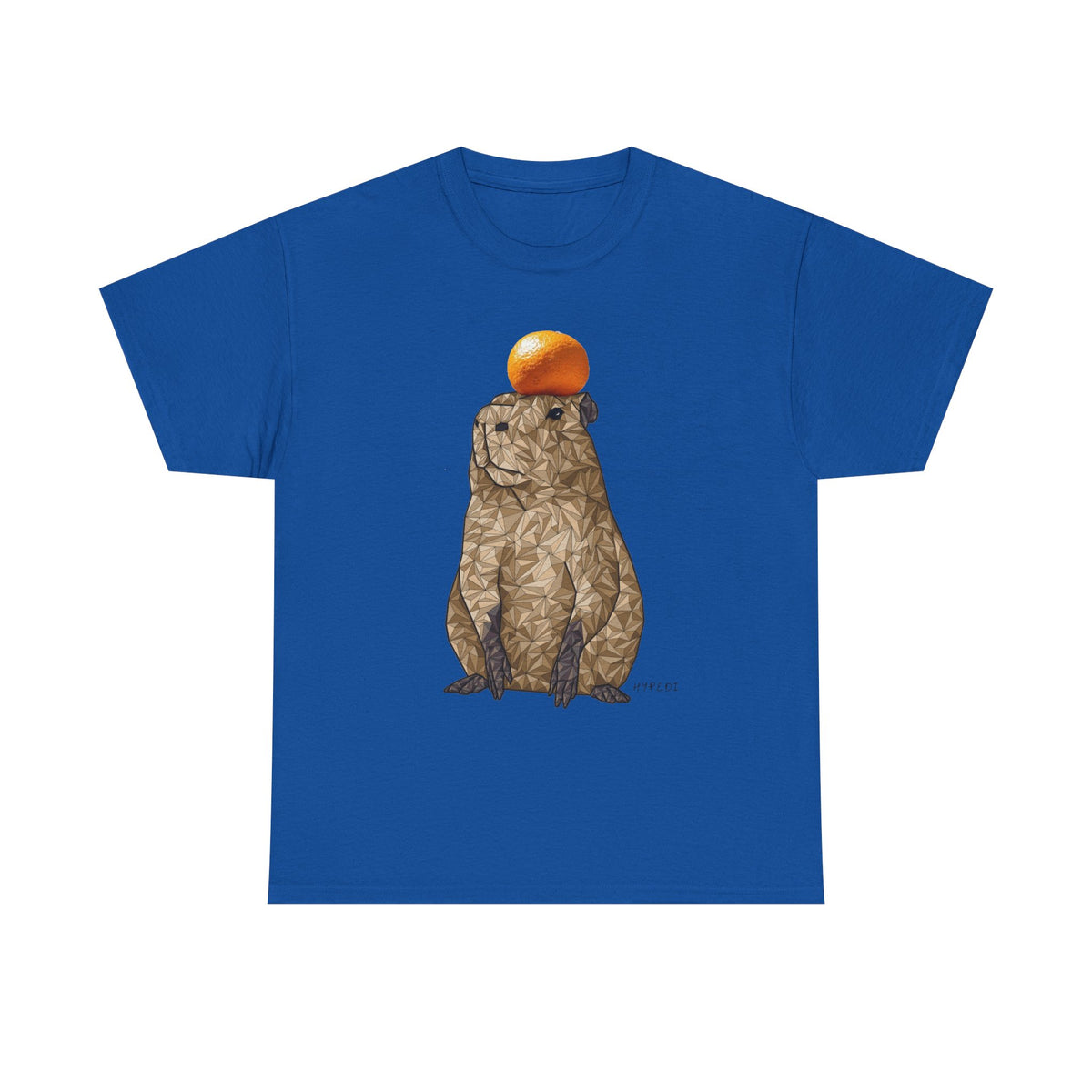 Unisex heavy cotton t-shirt in royal blue with capybara and orange hat graphic on front