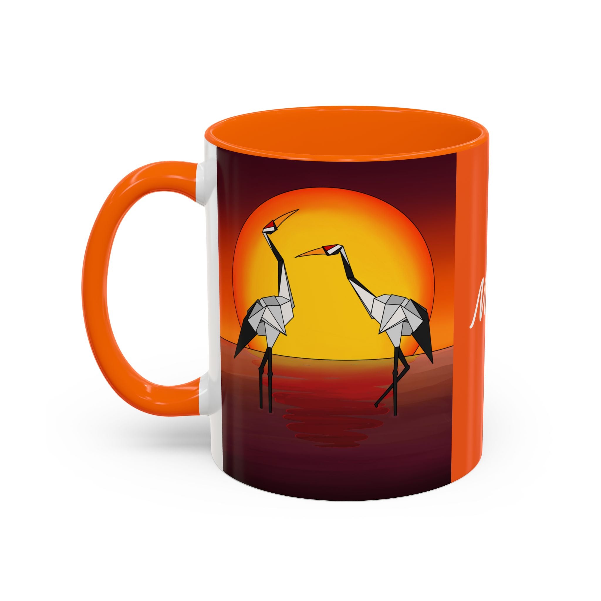 Orange coffee mug with origami crane artwork under a yellow sun, with left-side handle