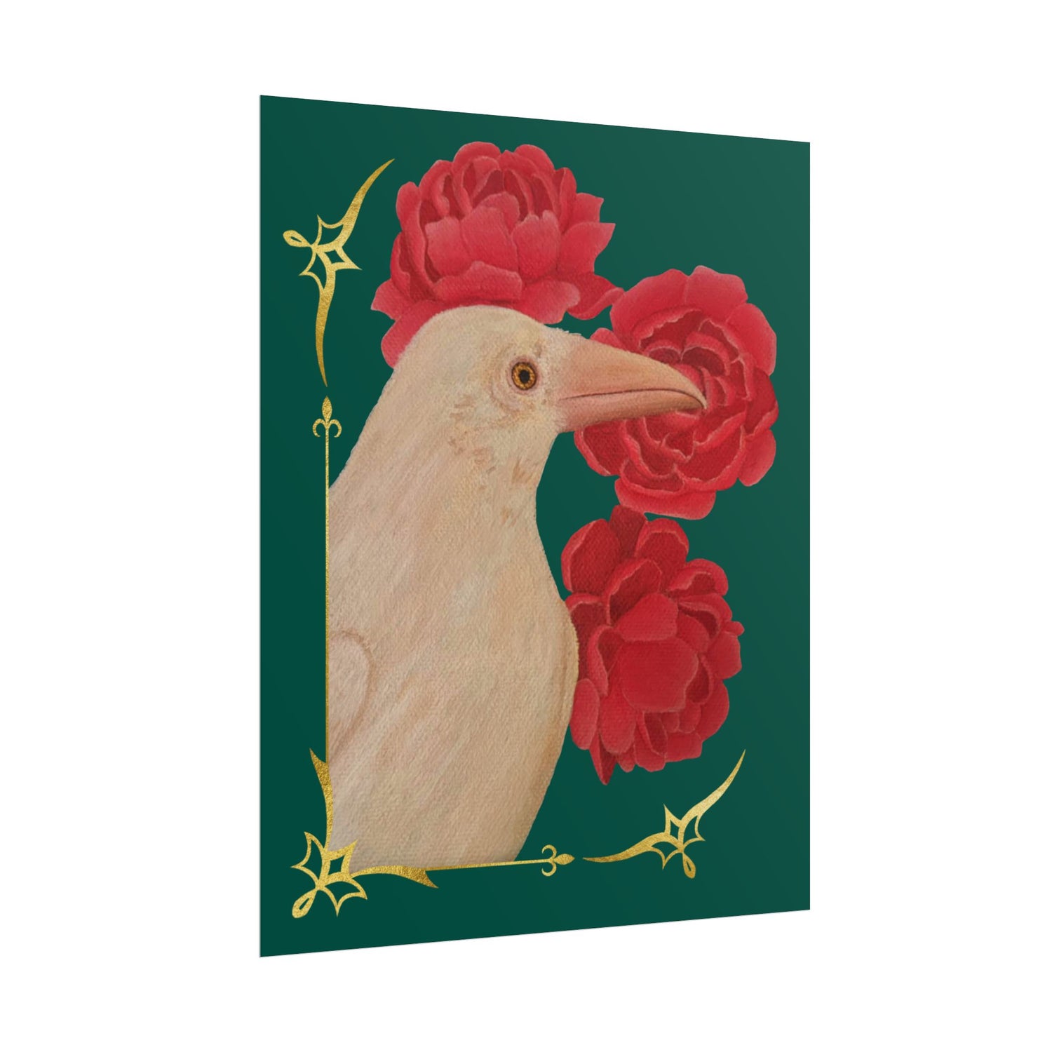 Ivory raven and red peonies art print poster with gold ornate border on teal