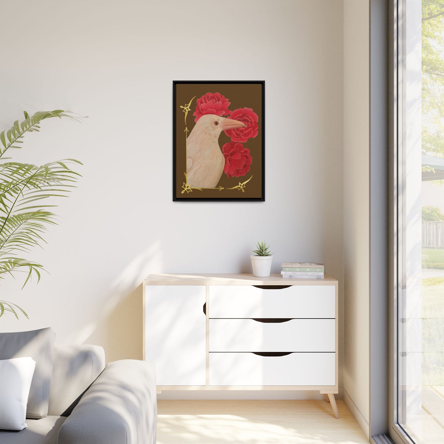 Framed matte canvas wall art with white bird and red peonies, black frame