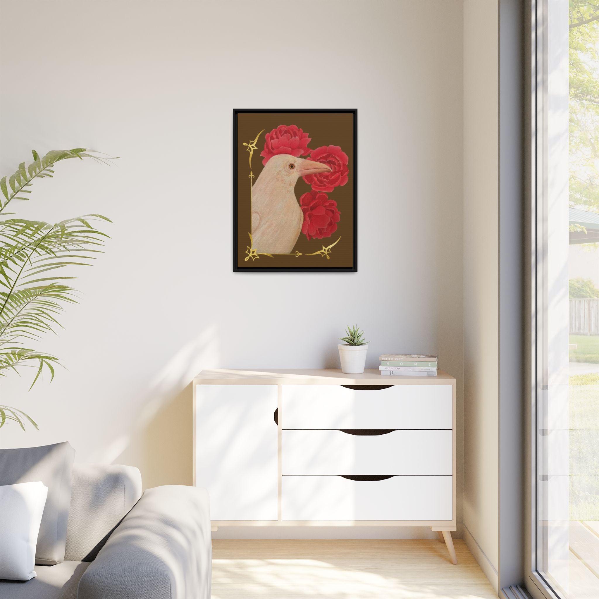 Framed matte canvas wall art with white bird and red peonies, black frame