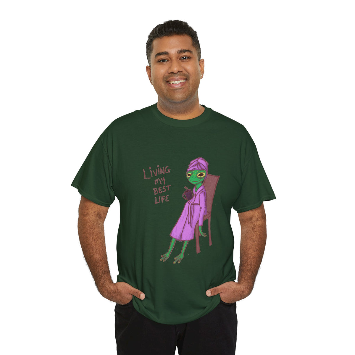 Dark green short-sleeve graphic t-shirt worn by man, purple character and red text