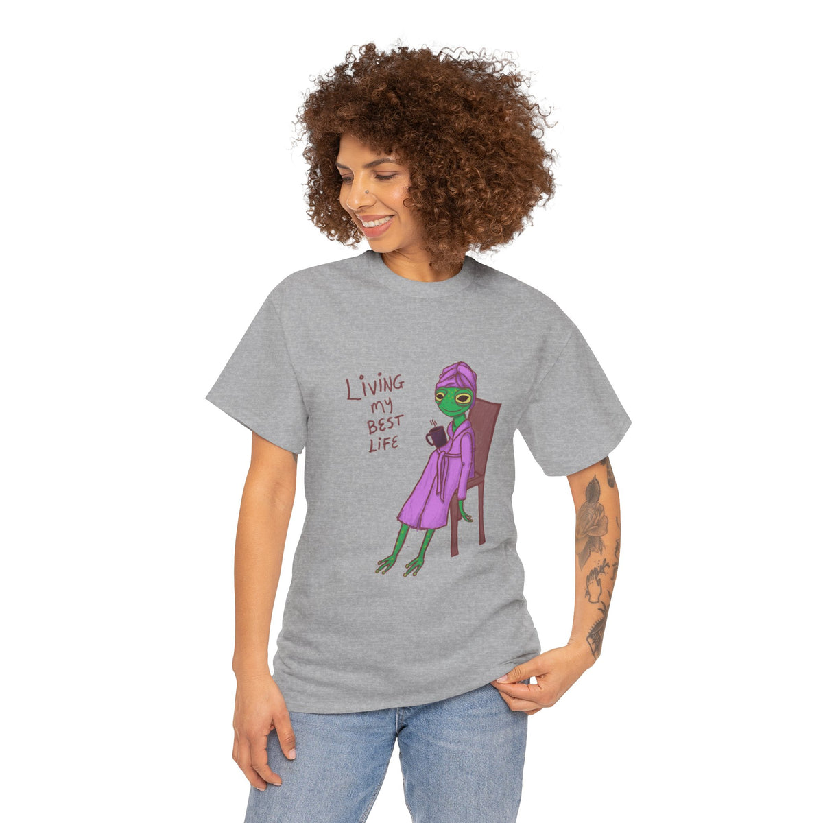Gray heather crew-neck graphic T-shirt with character illustration and slogan