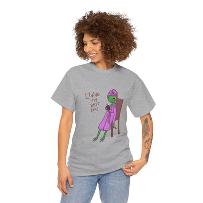 Gray heather crew-neck graphic T-shirt with character illustration and slogan