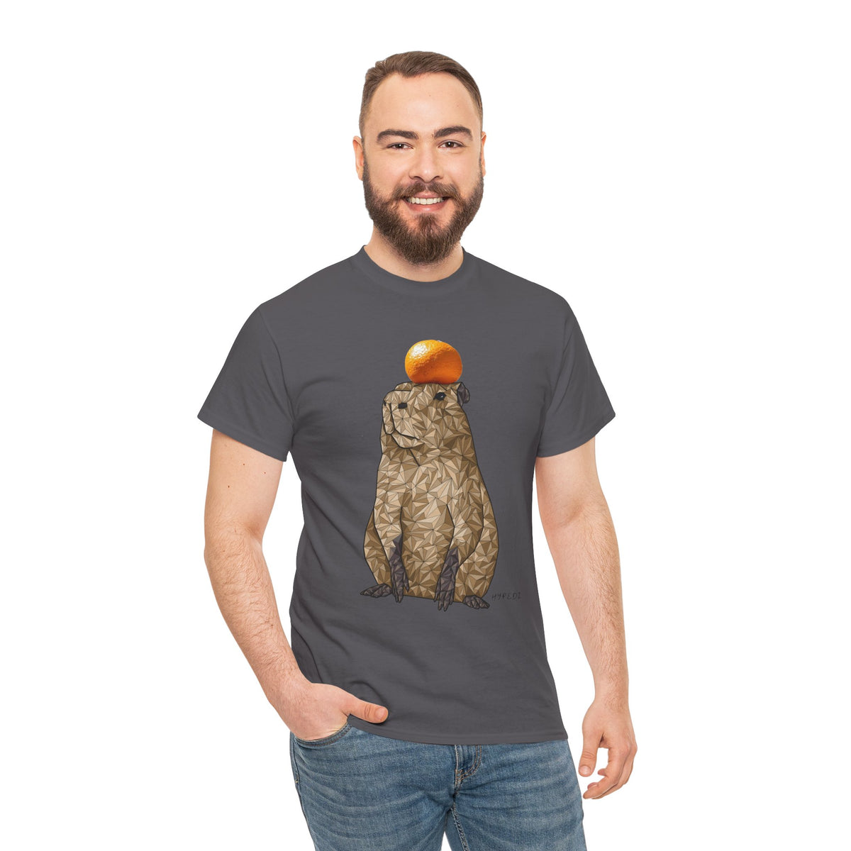 Charcoal unisex crewneck T-shirt with orange-capped capybara graphic on model