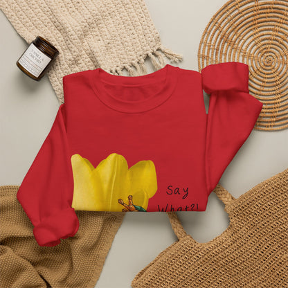 Red crewneck sweatshirt with yellow tulip frog graphic and “Say What?!” text