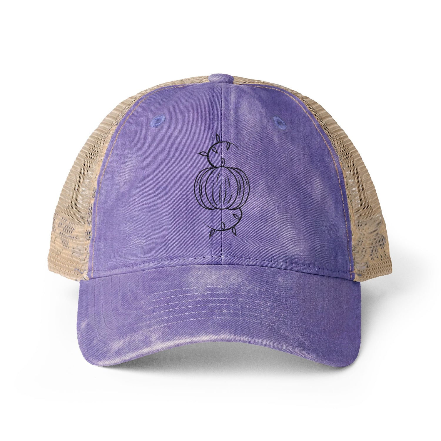 Washed mesh-back cap with lavender front, beige mesh back, and pumpkin logo embroidery