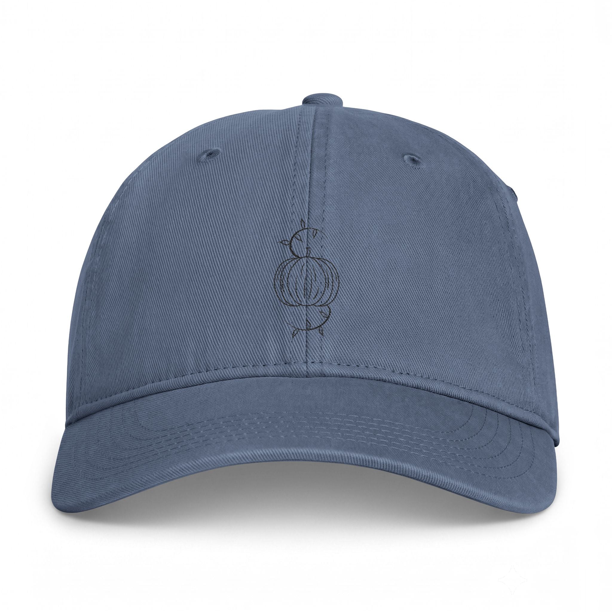 Blue denim washed baseball cap with embroidered pumpkin graphic and eyelets