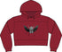 Cropped fleece hooded sweatshirt in brick red, featuring insect graphic and front pocket.