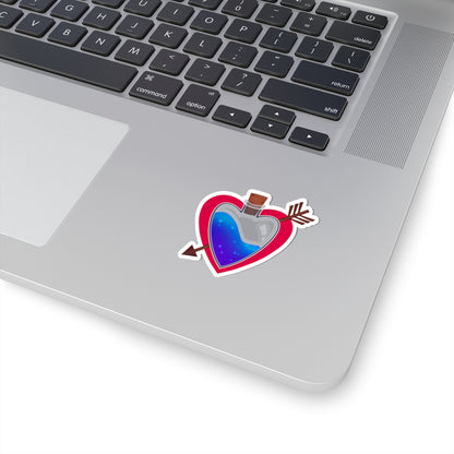 Heart-shaped kiss-cut vinyl sticker with blue heart, red outline, arrows and wings