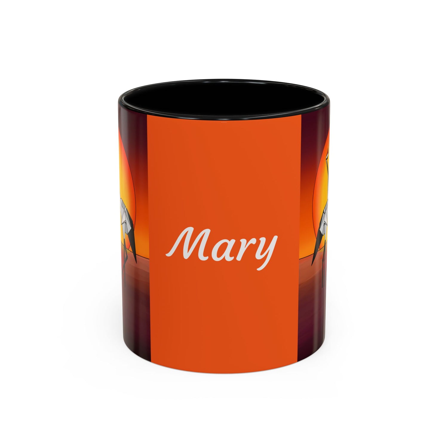 Orange coffee mug with black rim, “Mary” script and origami crane artwork