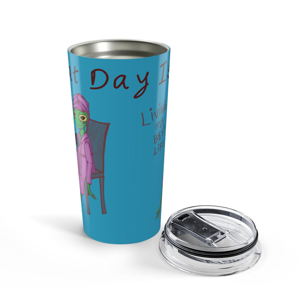 Blue 20oz travel mug with lid and open top, turtle character and “Day” text