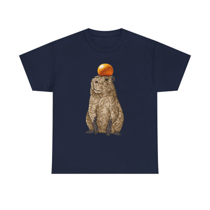 Unisex heavy cotton t-shirt in navy with capybara and orange hat graphic on front