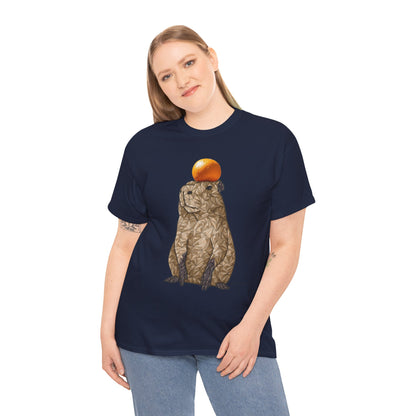 Unisex heavy cotton T-shirt, navy blue, capybara graphic with orange on chest