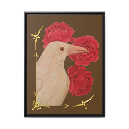 Framed canvas art print of a white raven with red peonies, dark frame