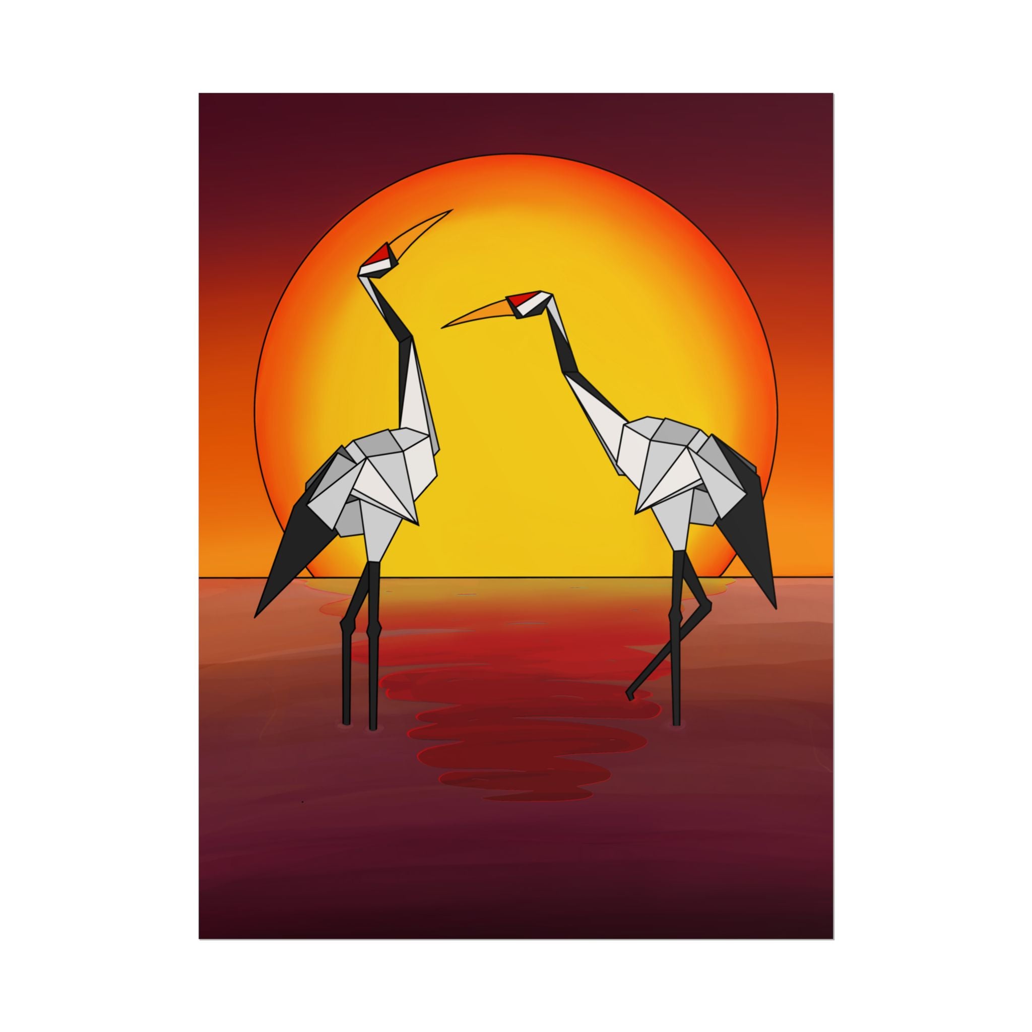 Sunset poster with two origami cranes beside a yellow circle, orange and purple tones