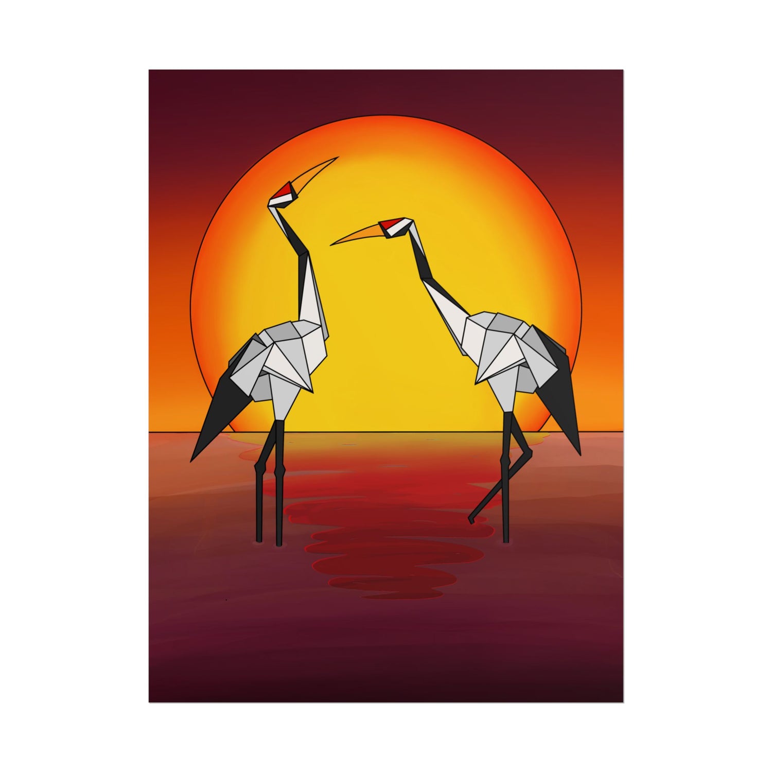 Sunset poster showing two origami cranes with yellow bodies and gray wings under a large circle