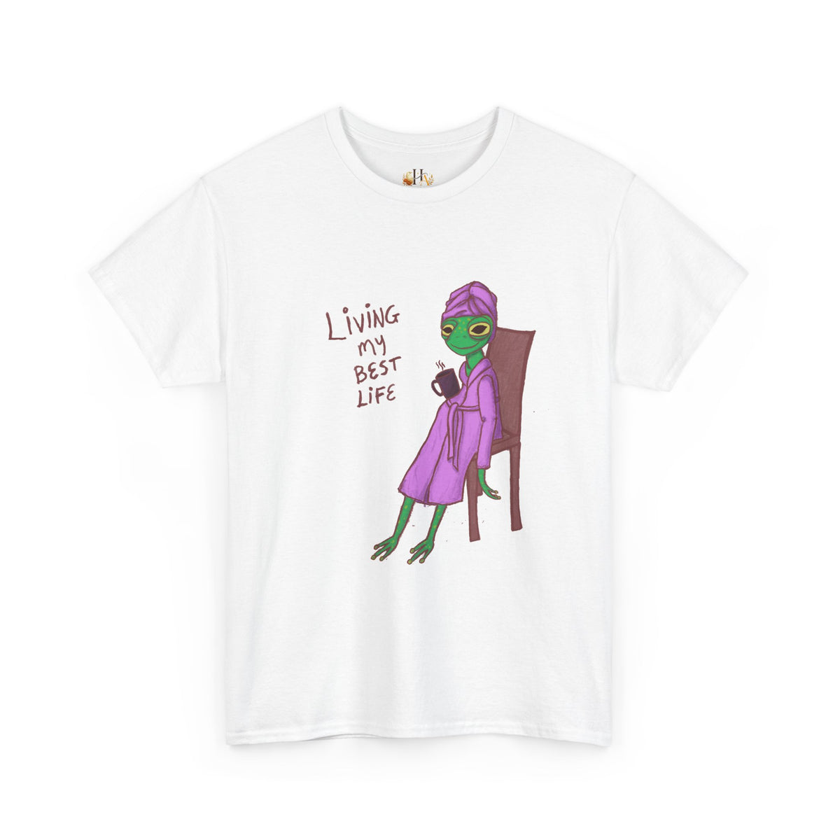 White graphic t-shirt with “Living my Best Life” text and character artwork on front