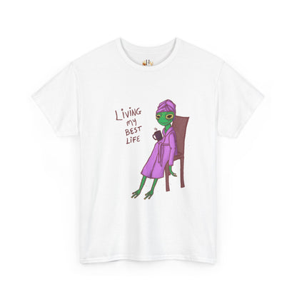 White graphic t-shirt with “Living my Best Life” text and character artwork on front