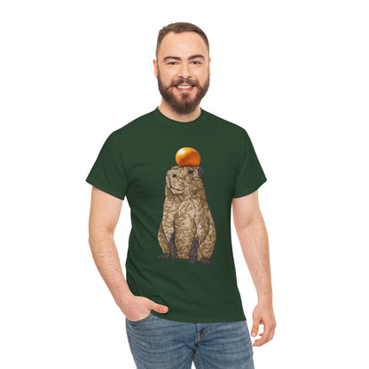 Unisex dark green T-shirt with geometric capybara illustration and orange sphere top