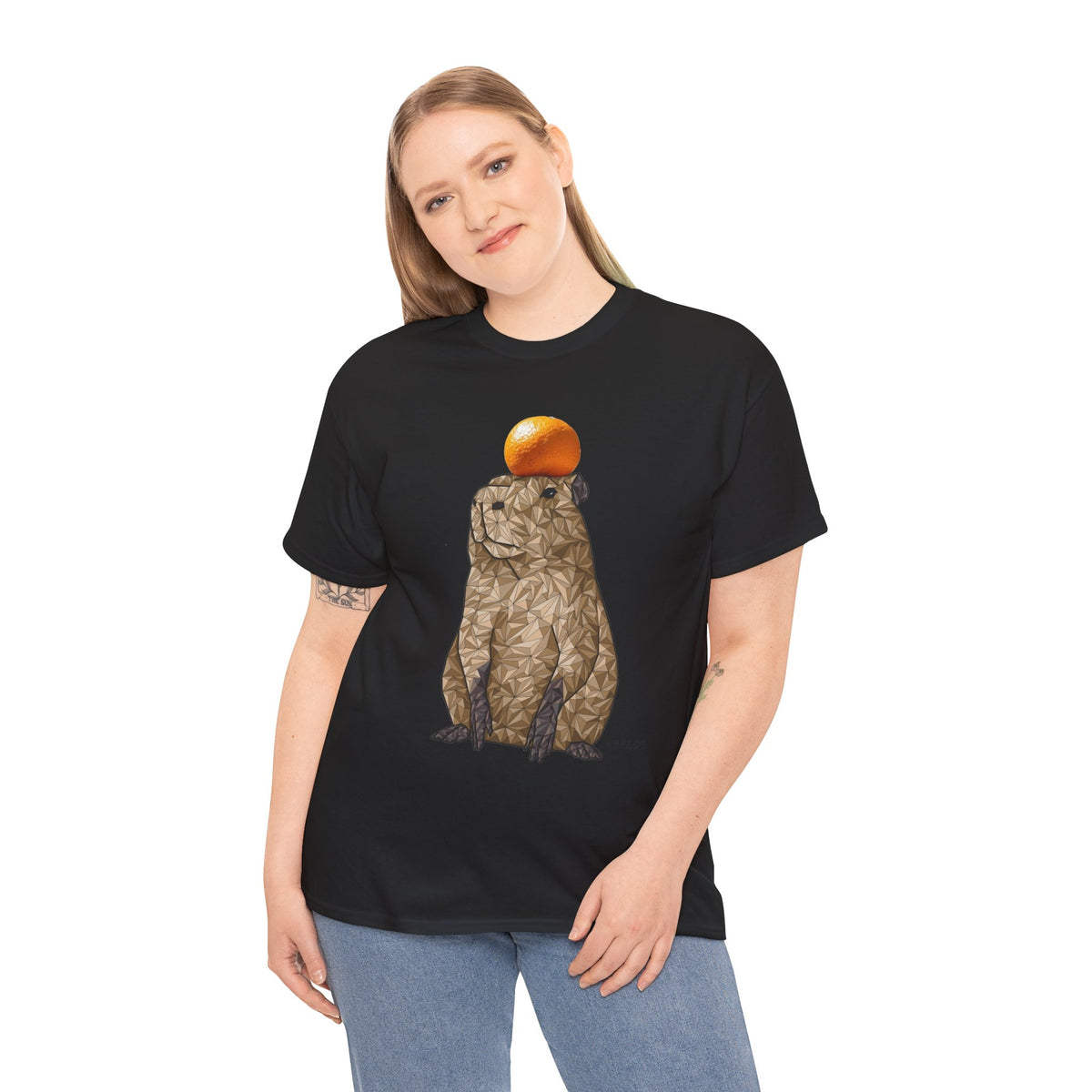 Unisex graphic T-shirt, black crewneck with capybara and orange top graphic