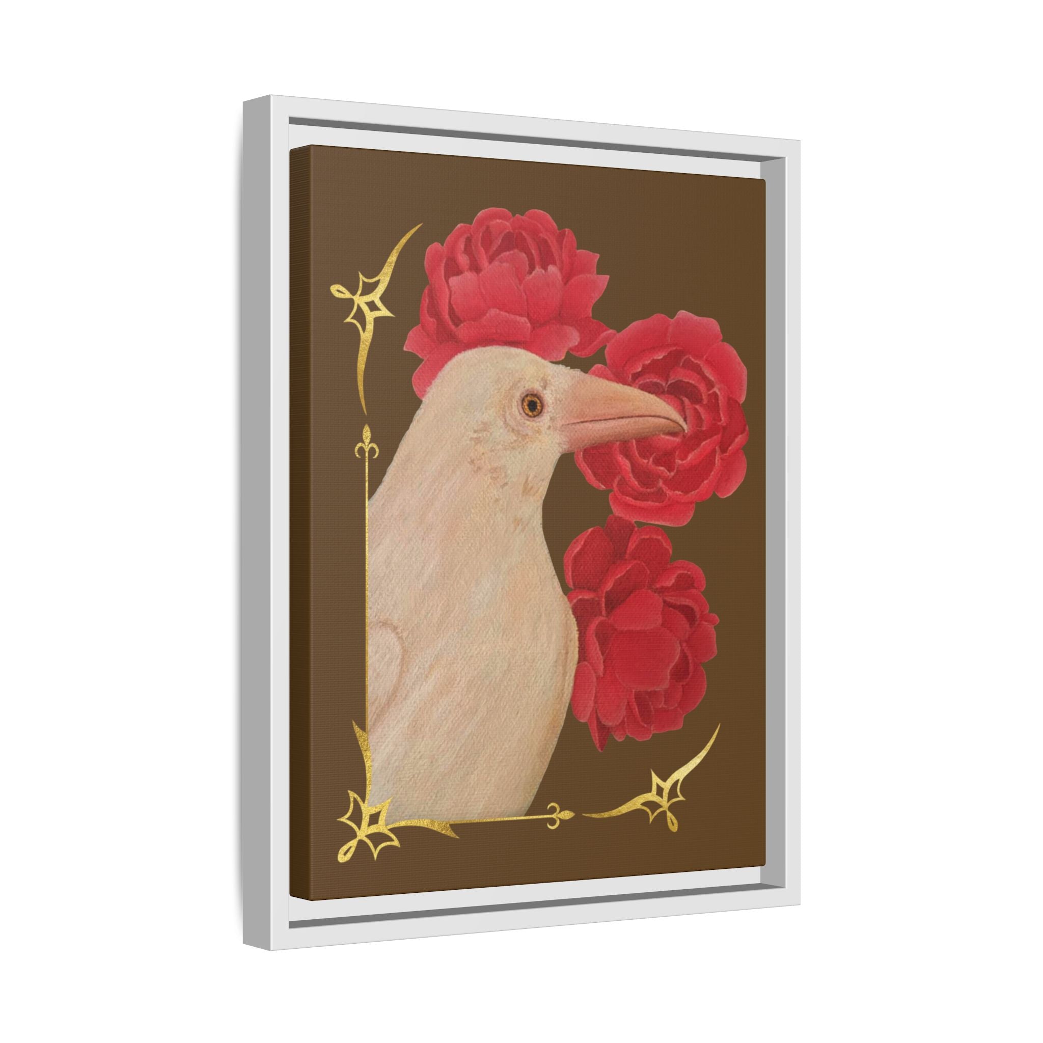 White framed matte canvas print with white bird, red peonies, and gold vines.