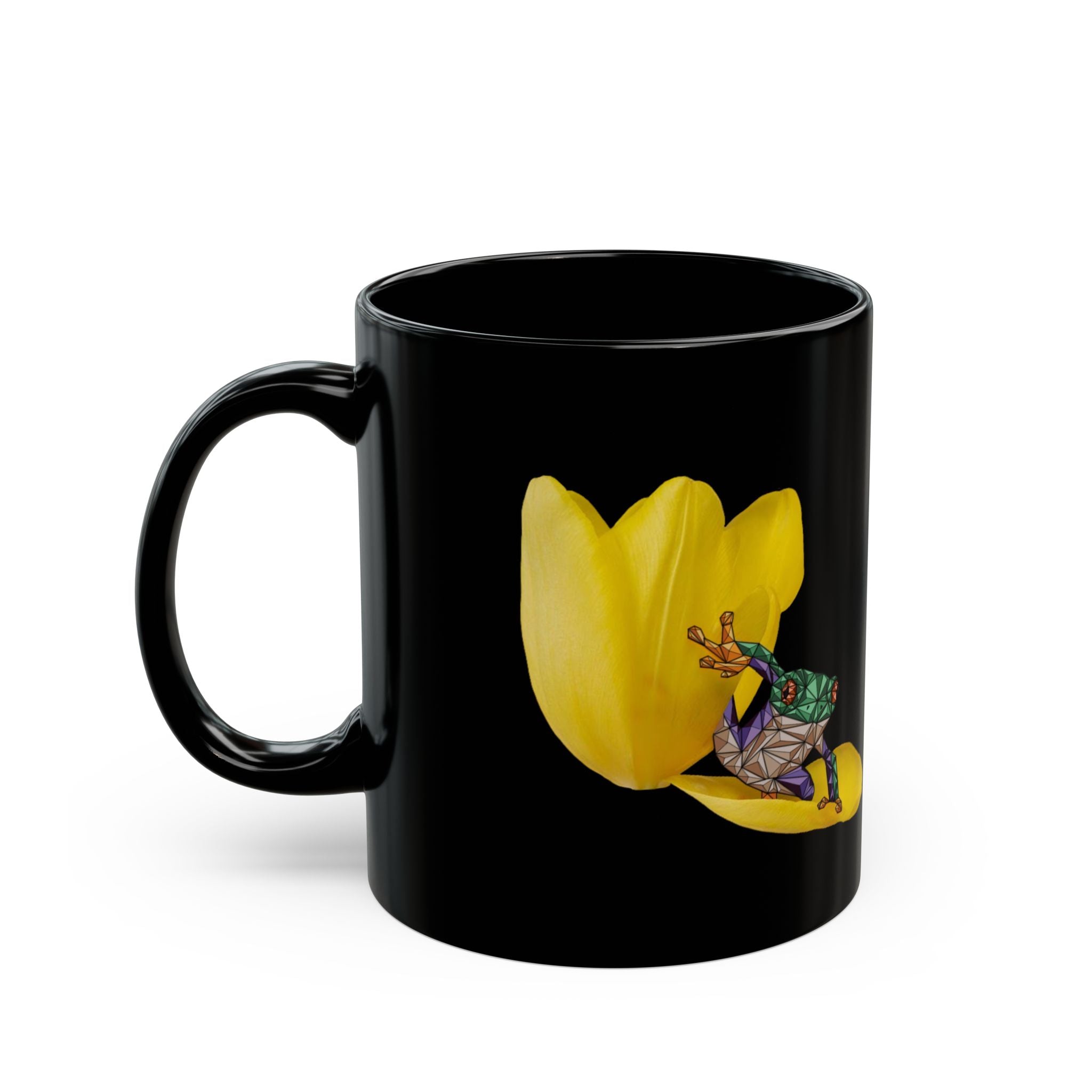 Black ceramic mug with handle and yellow tulip with frog graphic