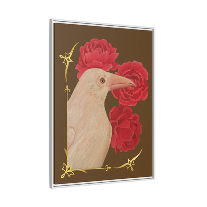 White framed matte canvas print: white bird, red peonies, gold vines.