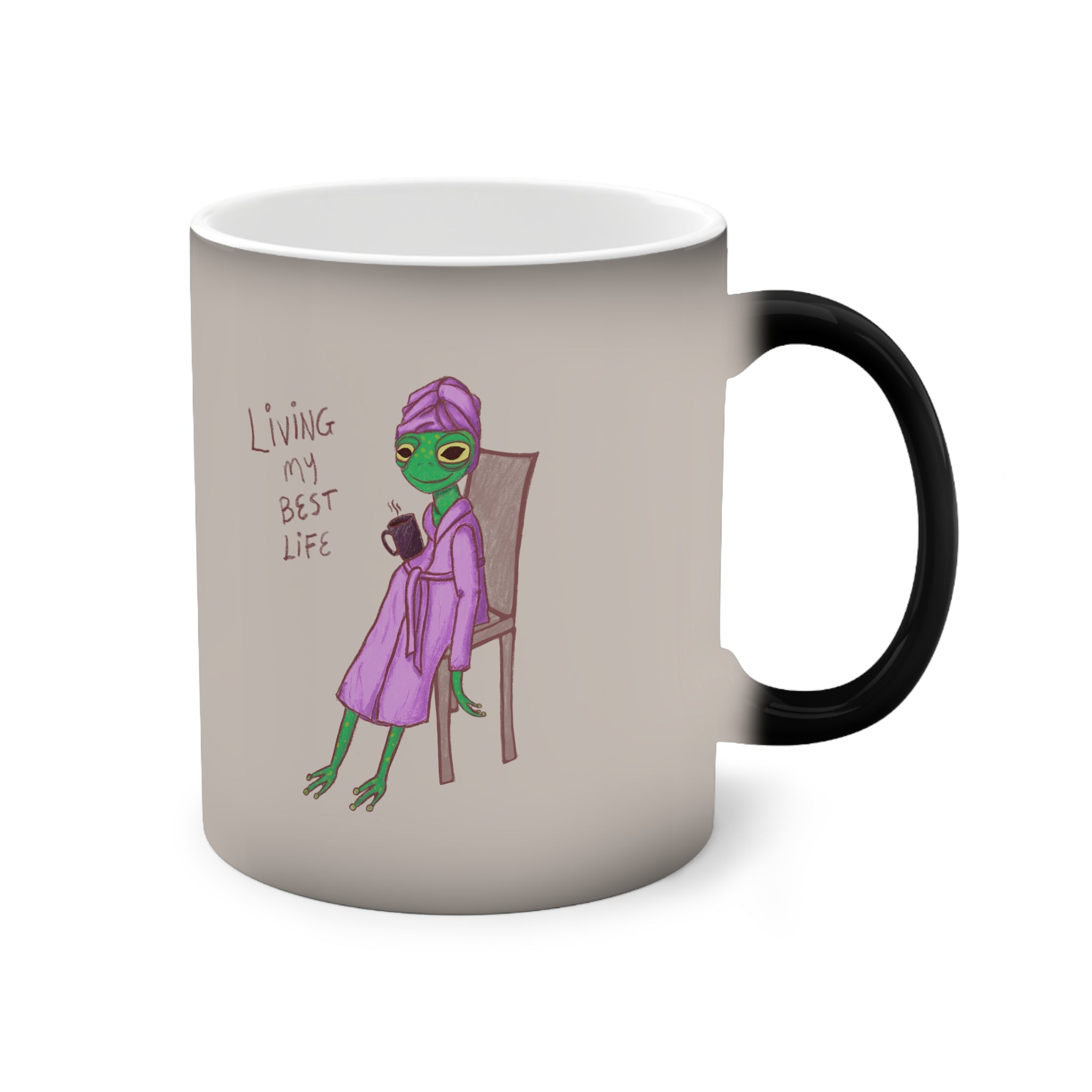 Color-changing mug, black handle, purple frog &amp; &