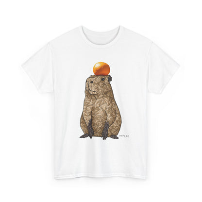 Unisex heavy cotton t-shirt in white with capybara and orange hat graphic on front
