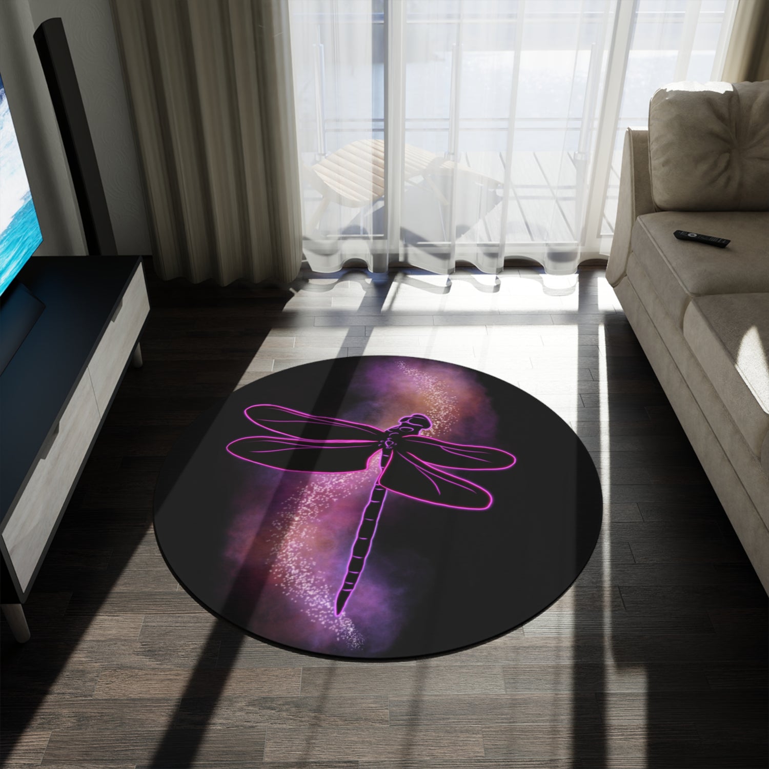 Purple galaxy dragonfly graphic round accent rug on dark background