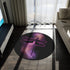 Purple galaxy dragonfly graphic round accent rug on dark background