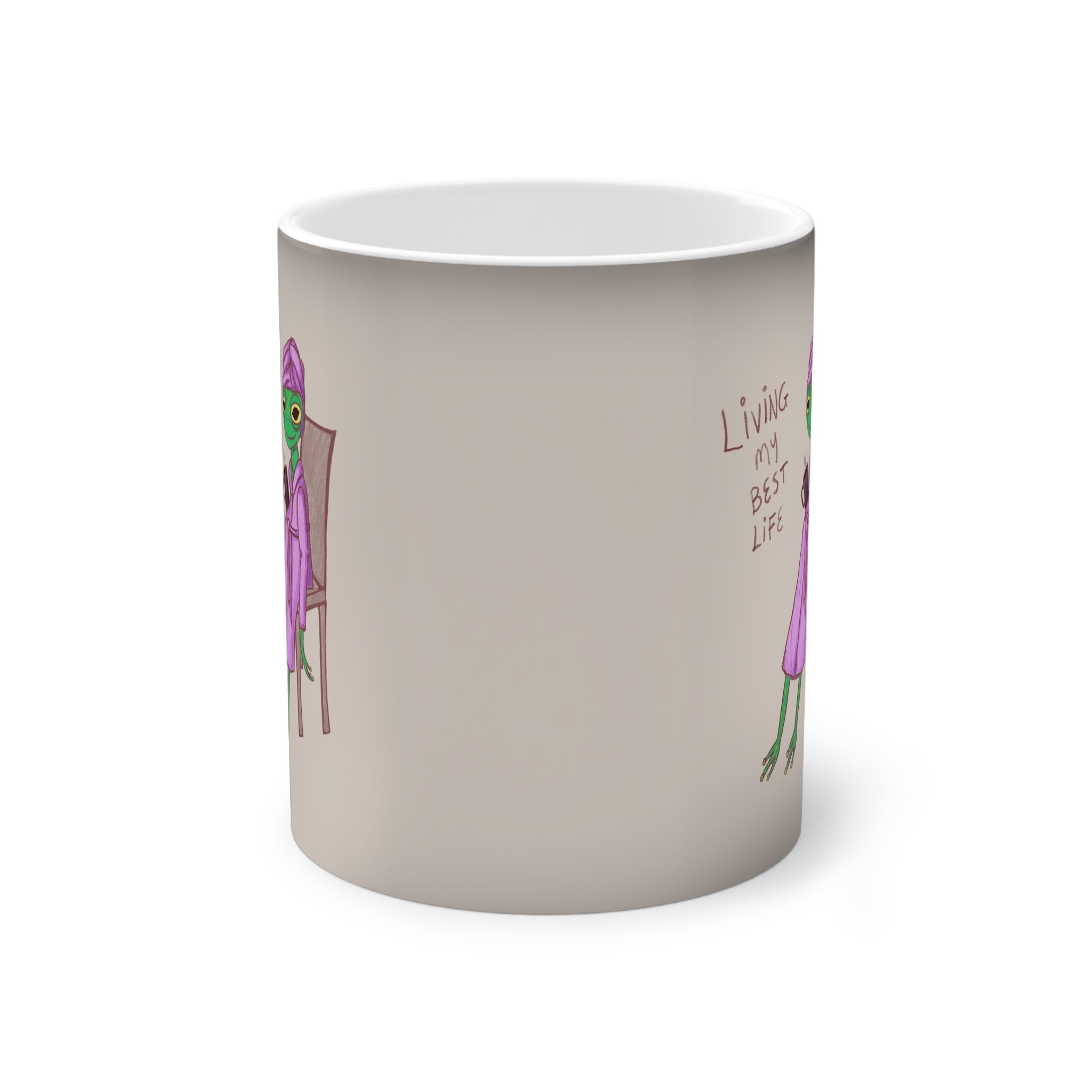 Color-changing mug, side view with purple frog and &