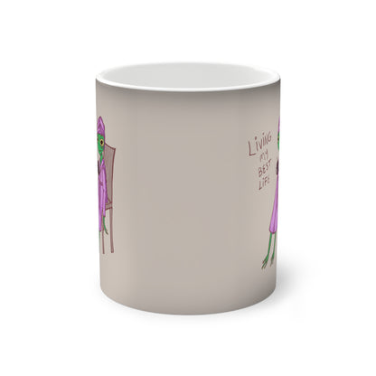 Color-changing mug, side view with purple frog and &