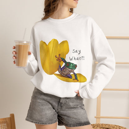 White crewneck sweatshirt with yellow frog tulip graphic and &
