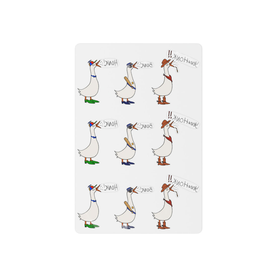 Set of temporary goose tattoos sheet with nine small geese poses, full color