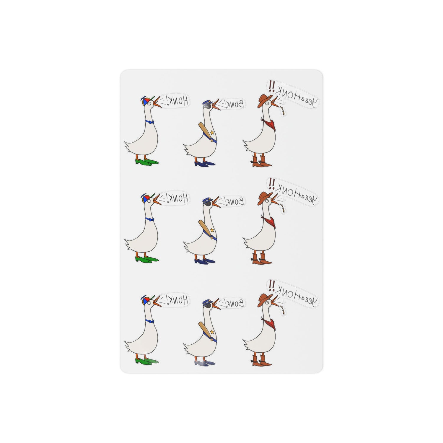 Set of temporary goose tattoos sheet with nine small geese poses, full color