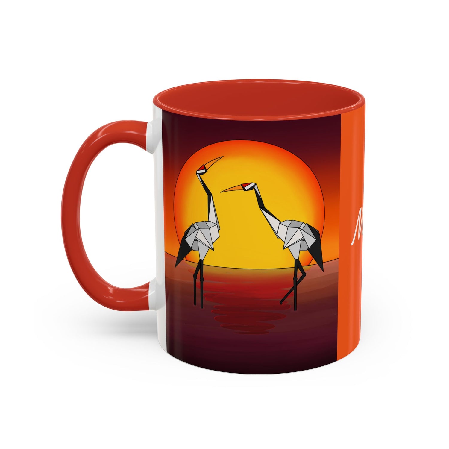 Red coffee mug with origami crane artwork under a yellow sun, with left-side handle