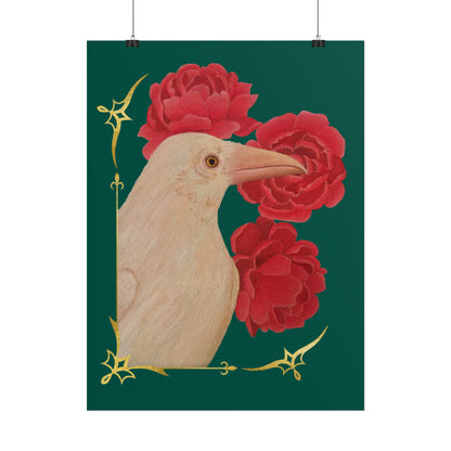 Ivory raven and red peonies poster, gold decorative frame corners on teal