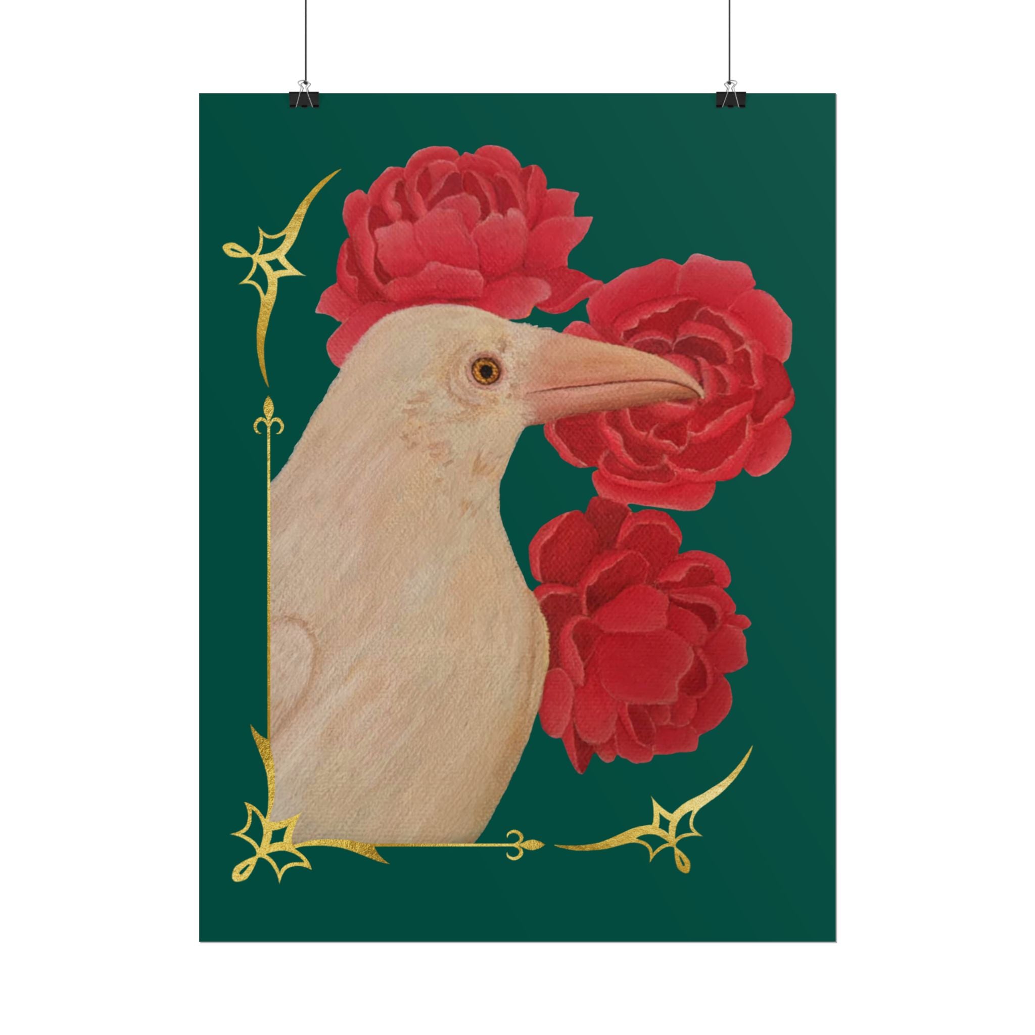 Ivory raven portrait with red peonies poster art print clipped at top