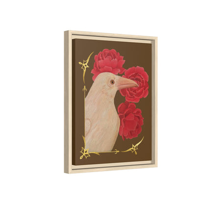 Framed matte canvas wall art with white bird and red peonies, light wood frame