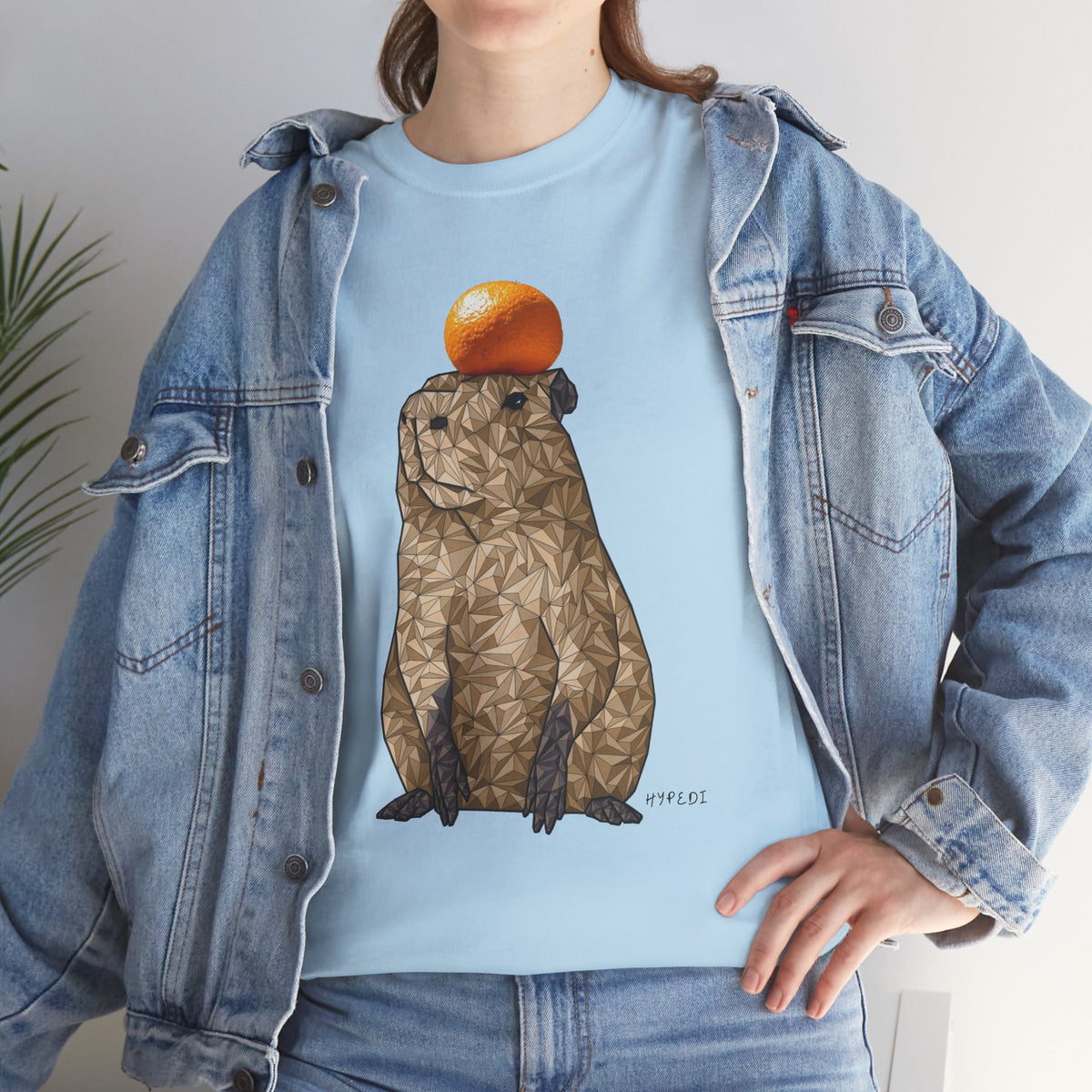 Unisex light blue T-shirt with geometric capybara graphic and orange top