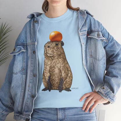 Unisex light blue T-shirt with geometric capybara graphic and orange top